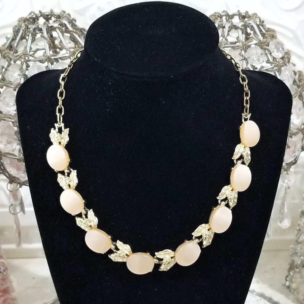 Vtg Coro Moonglow Rhinestone Thermoset Mother of Pearl Necklace Signed Citrine